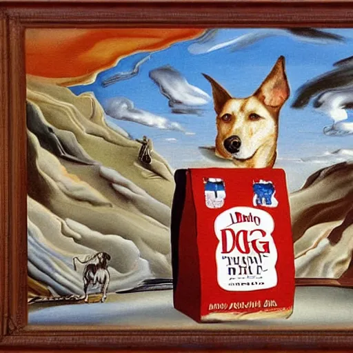 Image similar to bag of purina dog food painted by salvador dali