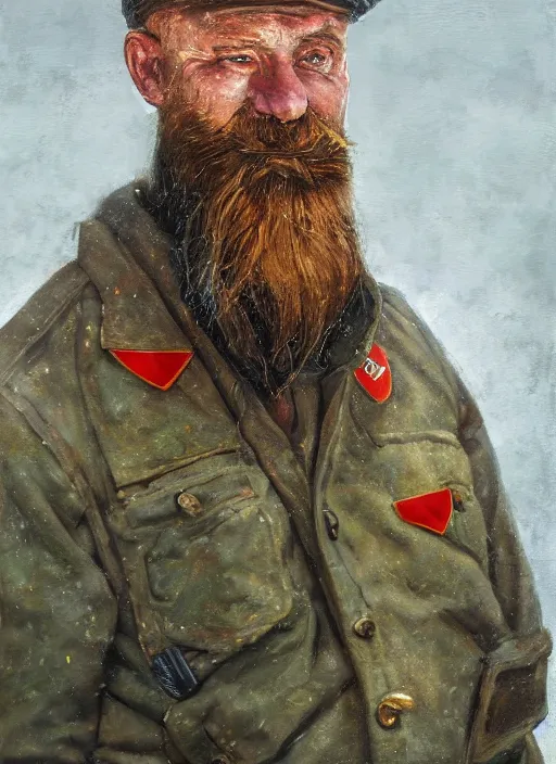 Prompt: A portrait of a single Soviet tankman with a short beard wearing Sámi clothing, smoking a pipe, trending on ArtStation, 4k, oil painting