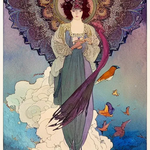 Image similar to a beautiful intricate watercolor illustration of a princess with birds 4 k, ultra - wide angle, by william turner, by victo ngai, by alphonse mucha, by moebius, by gustave dore, hd, trending on artstation, hyper detailed, muted intense colors