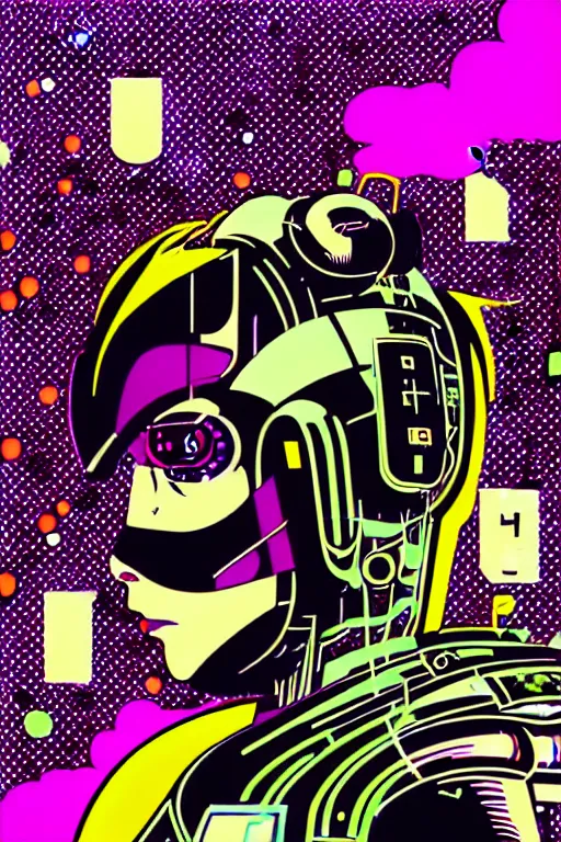 Image similar to futuristic japanese cyberpunk by roy lichtenstein, by andy warhol, ben - day dots, pop art, bladerunner, pixiv contest winner, cyberpunk style, cyberpunk color scheme, mechanical, high resolution, hd, intricate detail, fine detail, 8 k