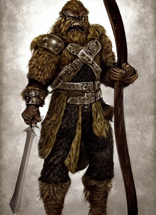 Image similar to strong young man, photorealistic bugbear ranger holding aflaming sword, black beard, dungeons and dragons, pathfinder, roleplaying game art, hunters gear, jeweled ornate leather and steel armour, concept art, character design on white background, by alan lee, norman rockwell, makoto shinkai, kim jung giu, poster art, game art