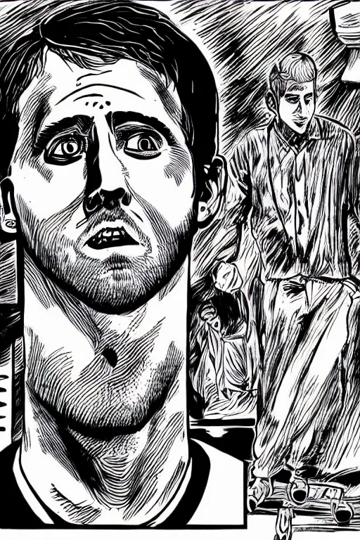 Image similar to junji ito illustration of ryan gosling