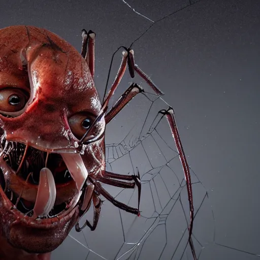 Image similar to man terrified as spiders and centipedes crawl out of his eyes and mouth, ultra realistic, horror, hyper detailed, sharp focus, ray tracing, terrifying, horrifying, octane render