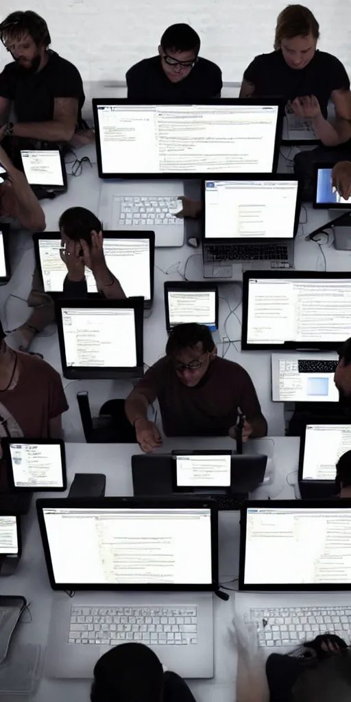 Prompt: 5 people writing code on laptops in a dimly lit room at night, computer screens illuminate their faces