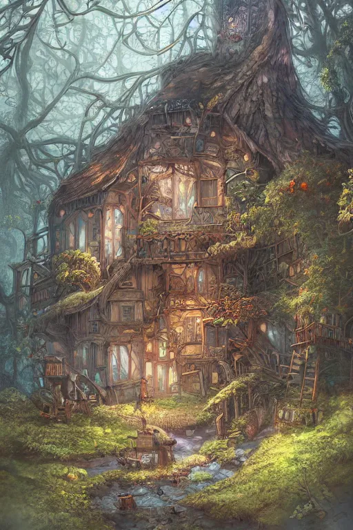 Image similar to a storybook illustration of a ramshackle multistory fairytale hut in the forest, intricate, elegant, fantasy, highly detailed, digital painting, concept art, sharp focus, artstation