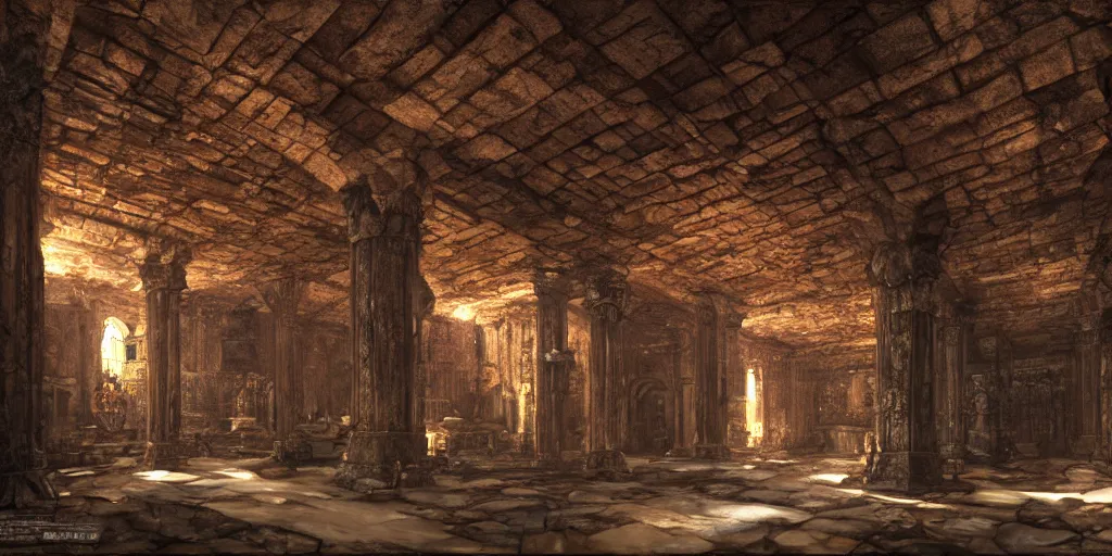 Prompt: a fantasy ruined dwarven hall interior in cave, huge columns, wet floors, high ceiling, dark moody lighting, foggy atmosphere, god rays, bright colors, matte painting by Dylan Cole and Denis Villeneuve, low angle view