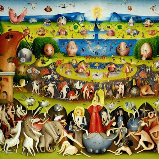 Image similar to garden of earthly delights by hieronymus bosch, animated in the style of pendleton ward, adventure time, bright and colorful