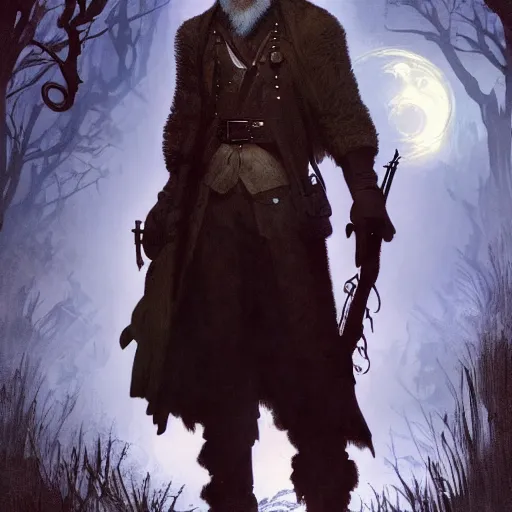 Image similar to an ultra detailed vector image of bob ross dressed as the hunter from bloodborne, concept art by alphonse mucha and greg rutkowski, praise the blood moon, octane render,