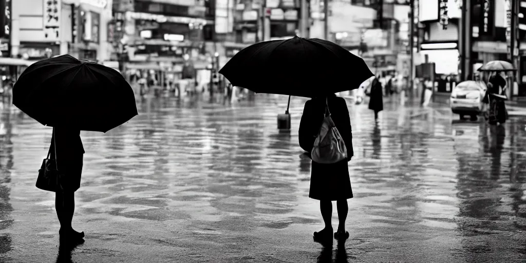 Image similar to A lonely woman with an umbrella waiting to cross Shibuyas crossing in Japan, back facing the camera, rainy afternoon, dramatic contrasting light