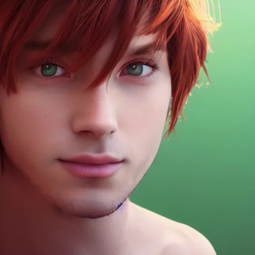 Image similar to pretty cat - boy posing in front of plains + beauty + warm light from behind + bright green eyes + auburn hair + cat ears + large well - defined eyelids + artstation + octane render + cinematic color grading + muted colors + soft light + rule of thirds + like a professional model + cinematic + 8 k + 3 d render + 3 5 mm