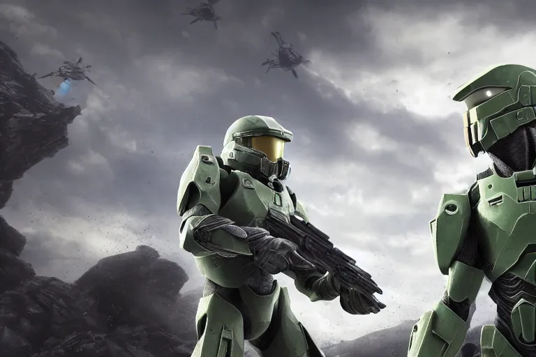 Image similar to a photo of master chief and squidward fighting each other, photorealistic, hd, 8 k