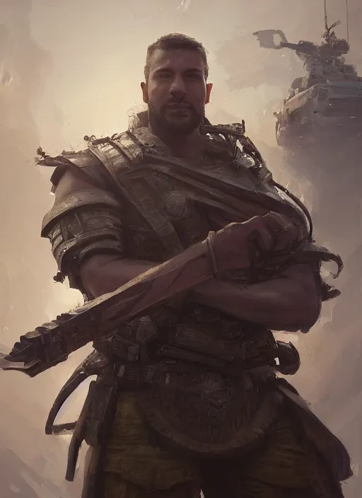 Prompt: portrait of man holding a scepter with a tank in the background, d & d, heartstone, digital painting, volumetric light, intricate, sharp, focus, bloom, illustration, highly detailed, concept art, matte, ruan jia, randy vargas, greg rutkowski