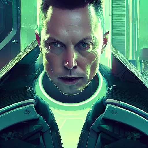 Prompt: ominous, imposing, portrait, Elon Musk as a cyberpunk 2077 loading screen, scary, symmetry, front view, intricate, studio, art by anthony macbain + greg rutkowski + alphonse mucha, concept art, 4k, sharp focus