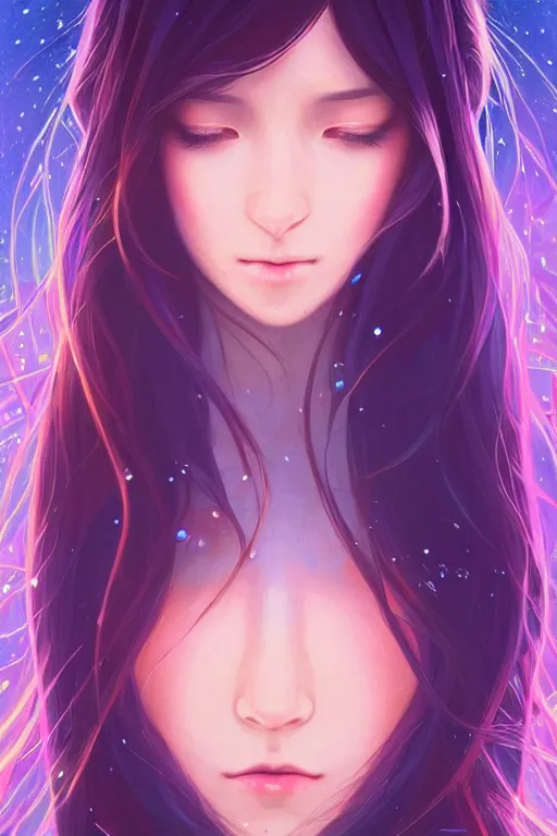 Image similar to a beautiful girl with long dark hair, going through a portal between worlds, intricate, highly detailed, digital painting, artstation, official media, anime key visual, concept art, rich vivid colors, ambient lighting, sharp focus, illustration, art by Artgerm, Makoto Shinkai, Ilya Kuvshinov, Lois Van Baarle, and Rossdraws