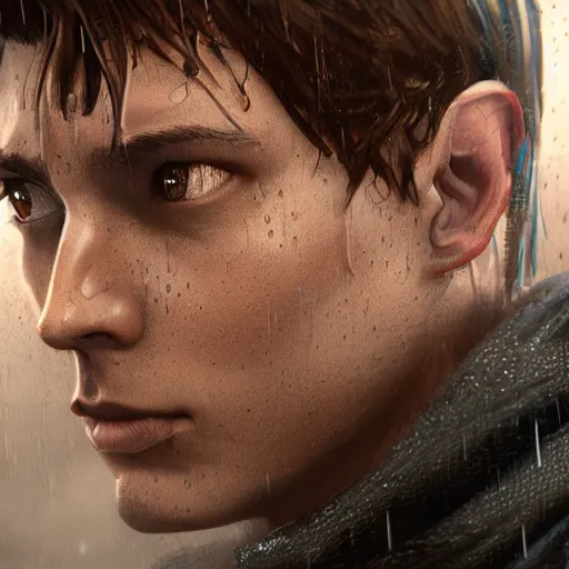 Prompt: Peter Parker , wet face , heavy rain ,dramatic, intricate, highly detailed, concept art, smooth, sharp focus, illustration, Unreal Engine 5, 8K