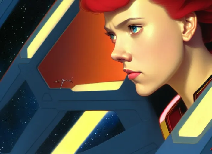 Image similar to a disney film still of scarlett johansson as a star trek officer, finely detailed features, closeup of the face, perfect art, dusk, blue hour, gapmoe yandere grimdark, trending on pixiv fanbox, painted by greg rutkowski, makoto shinkai, takashi takeuchi, alphonse mucha, akihiko yoshida