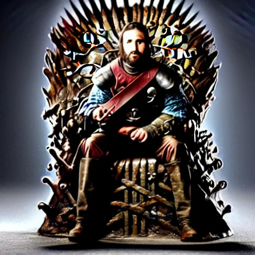 Image similar to king john oliver wearing armor sitting on the iron throne of westeros