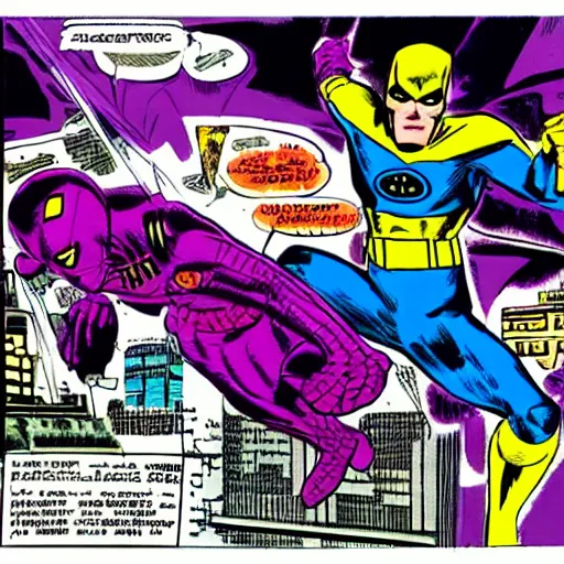 Image similar to a purple spiderman and purple batman by jack kirby