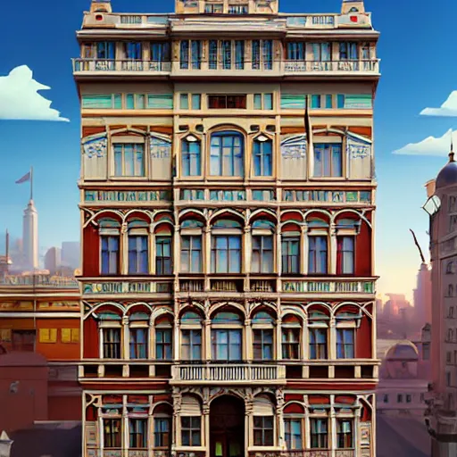 Image similar to wes anderson building facade highly detailed, digital painting, artstation, concept art, sharp focus, art by tokiolab and alphonse mucha, 8 k, ultra realistic, lens flare, glow, soft lighting, hyperrealistic, unreal engine