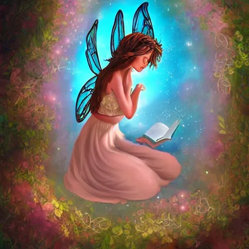 Image similar to a very beautiful fairy with a beautiful detailed face, the fairy flies above a opened book, digital painting, fantasy art