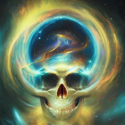 Prompt: the flow of the super nova is what forms the ancient preist skull, by ross tran, oil on canvas