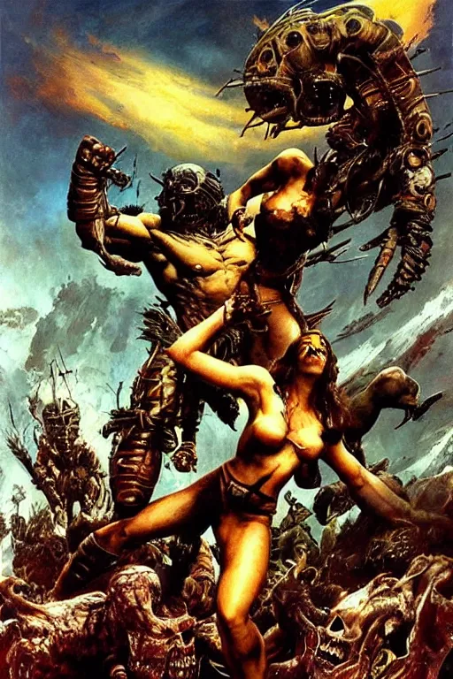 Image similar to “ an epic scene of a muscular warrior and a beautiful alien princess standing on top of a pile of corpses while fighting off mutant alien attackers, scifi painting by frank frazetta, fantasy, science fiction ”