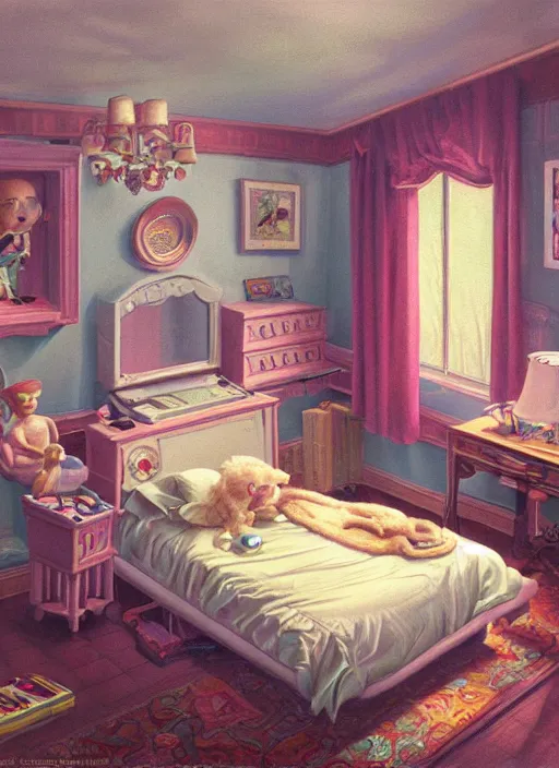 Image similar to highly detailed wide - angle portrait of a retro 1 9 6 0 s bedroom, nicoletta ceccoli, mark ryden, lostfish, earl nore, hyung tae, frank frazetta, global illumination, god rays, detailed and intricate environment