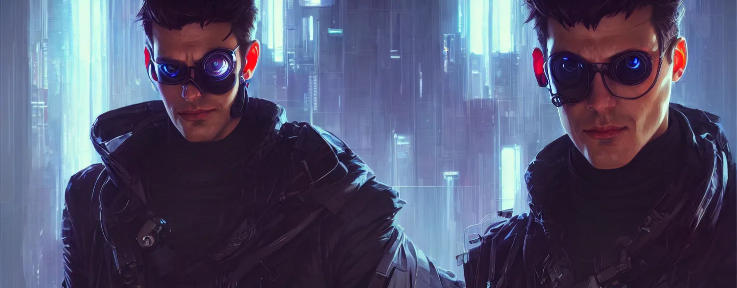 Image similar to Hacker cyberpunk man portrait, highly detailed, digital painting, artstation, concept art, smooth, sharp focus, illustration, art by artgerm and greg rutkowski and alphonse mucha