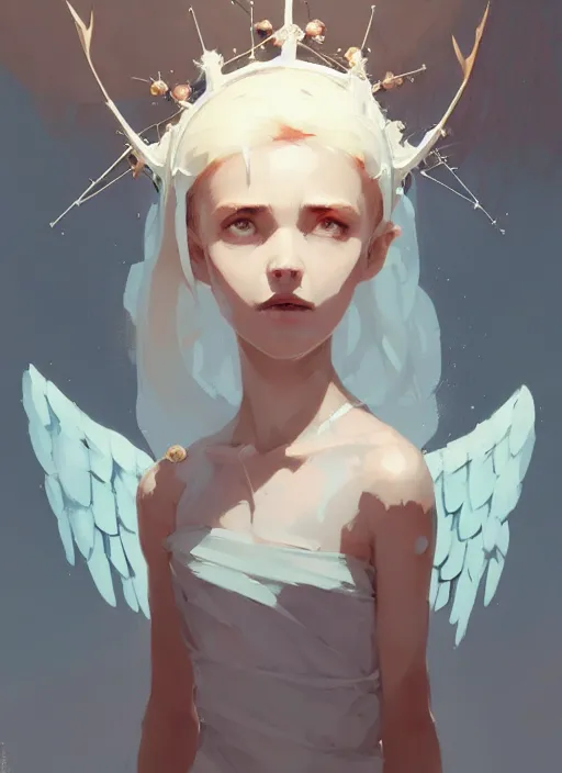 Image similar to portrait of cute angel maiden girl with crown of thorns and white short hairs, warhammer, cyberpunk, by atey ghailan, by greg rutkowski, by greg tocchini, by james gilleard, by joe gb fenton, by kaethe butcher, dynamic lighting, gradient light blue, brown, blonde cream and white color in scheme, grunge aesthetic