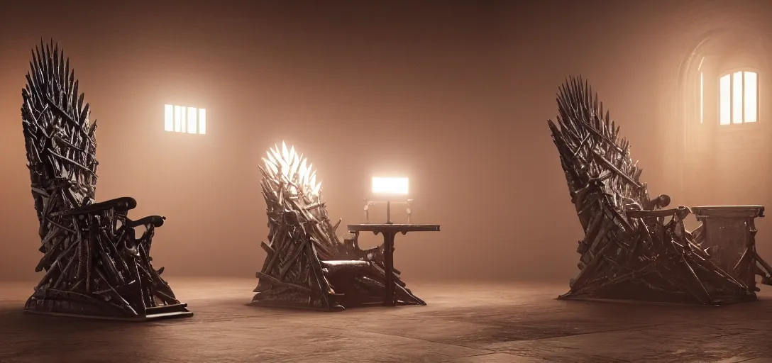 Image similar to a photorealistic render of a contemporary pc gaming chair that looks like the iron throne, led lights, glowing desktop pc, 8 k, artstation, volumetric lighting, smooth, highly detailed, octane render, by andres rocha and albert bierstadt and greg rutkowski