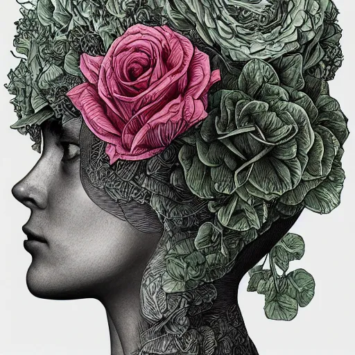 Image similar to the anatomy of a head of lettuce with roses that resemble a beautiful young wise woman, an ultrafine detailed illustration by james jean, intricate linework, bright colors, final fantasy, behance contest winner, vanitas, angular, altermodern, unreal engine 5 highly rendered, global illumination, radiant light, detailed and intricate environment