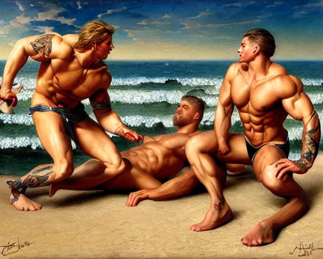 Image similar to handsome tattooed gym bro zeus and attractive tattooed gym bro apollo workout on the beach, epic painting by artgerm, gaston bussiere, craig mullins, j. c. leyendecker, tom of finland