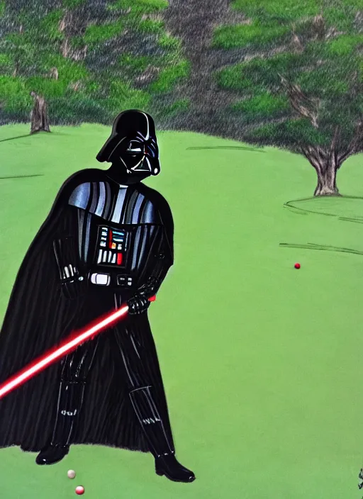 Image similar to a colored pen drawing of darth vader playing golf