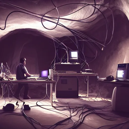 Image similar to two computers in a cave, piles of modular synth cables, two silhouettes of men working by a bright computer screen, by cameron gray, wlop, stanley kubrick, masamune, hideki anno, unique perspective, trending on artstation, 3 d render, smooth render