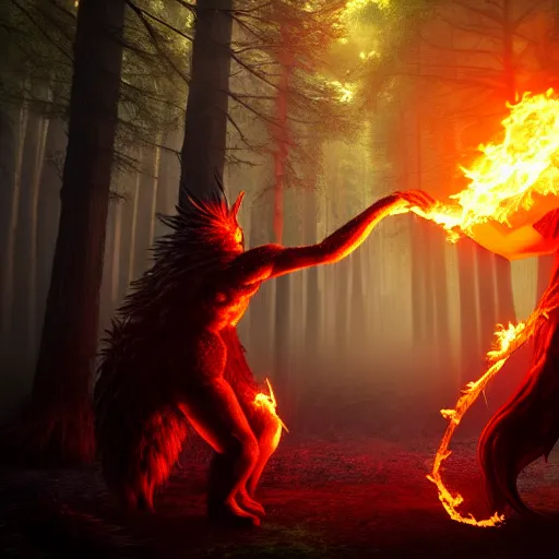 Image similar to fire magician fighting a monster in a misty forest, by final fantasy, inspired by final fantasy, highly detailed, trending on artstation, 4 k, ultra detailed, soft light, sharp focus