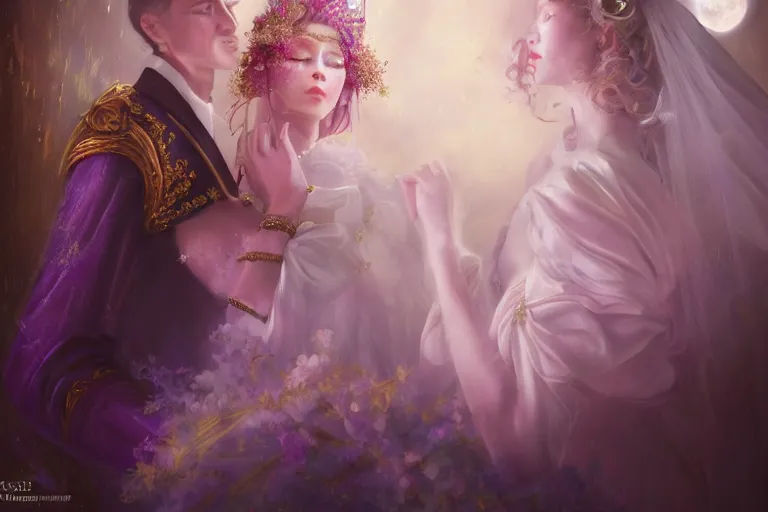 Image similar to a dreamlike cinematic portrait of wedding photograph close up moment of a divine a russia sun god and moon goddess lovers magician at a wedding banquet. portraiture. digital painting. artstation. concept art. fantasy wedding photo. digital painting, 8 k realistic, hyper detailed, violet evergarden art masterpiece by art by krenz cushart