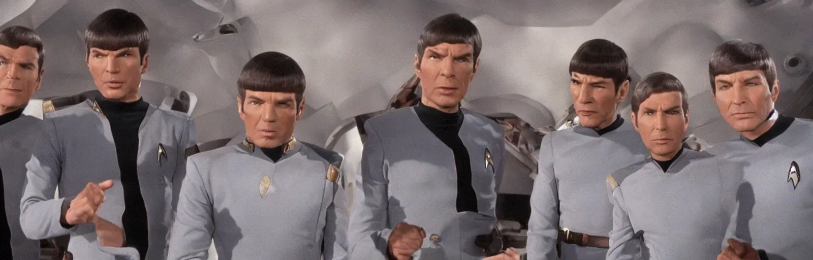 Prompt: a screencap of captain kirk, mr. spock and doctor mccoy on the bridge of the enterprise, in star trek the original series