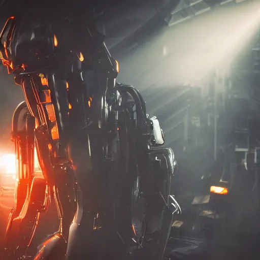 Image similar to closeup of mecha with surface of knives and forks, dark messy smoke - filled cluttered workshop, dark, dramatic lighting, orange tint, cinematic, highly detailed, sci - fi, futuristic, movie still from blade runner