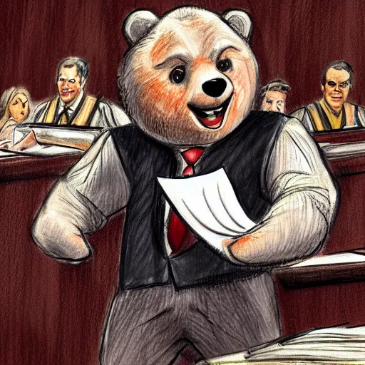 Prompt: detailed background courtroom sketch of vintage disney character bear the gambler presenting evidence of copyright infringement to the judge bench court room wooden serious dark tone