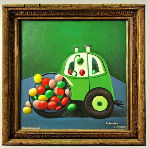 Prompt: a grant wood painting of the green m & m, oil on canvas, art