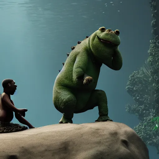 Image similar to Kanye West riding an ((aligator)), next to ((Shrek)), splash art, movie still, cinematic lighting, dramatic, octane render, long lens, shallow depth of field, bokeh, anamorphic lens flare, 8k, hyper detailed, 35mm film grain