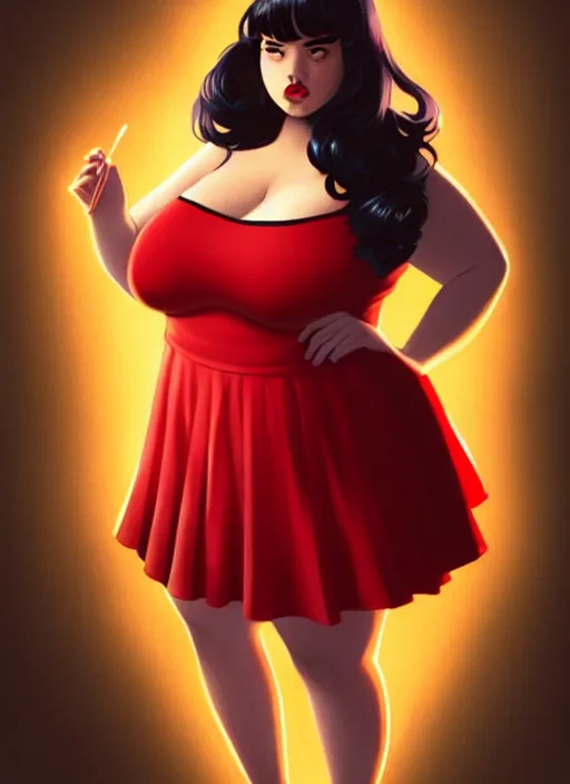 Image similar to full body portrait of teenage veronica lodge, obese, bangs, sultry, realistic, sultry smirk, wavy hair, red skirt, fat, belly, intricate, elegant, glowing lights, highly detailed, digital painting, artstation, concept art, smooth, sharp focus, illustration, art by wlop, mars ravelo and greg rutkowski