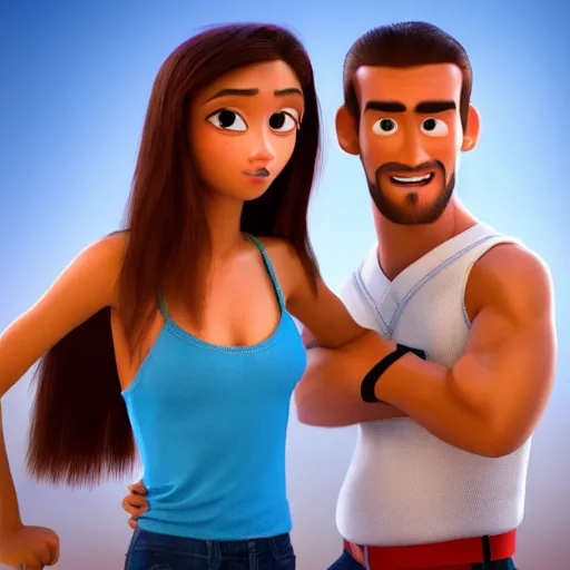 Image similar to young beautiful athletic Filipino woman with long hair standing beside a handsome caucasian athletic thin man with very short buzzed thinning hair, stubble beard on his face, blue eyes, they are posing, depicted as adult Pixar characters, high quality cg render, 4k