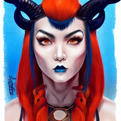 Image similar to illustrated realistic portrait of ram-horned devil woman with blue bob hairstyle and her tangerine colored skin and with solid black eyes wearing leather by rossdraws