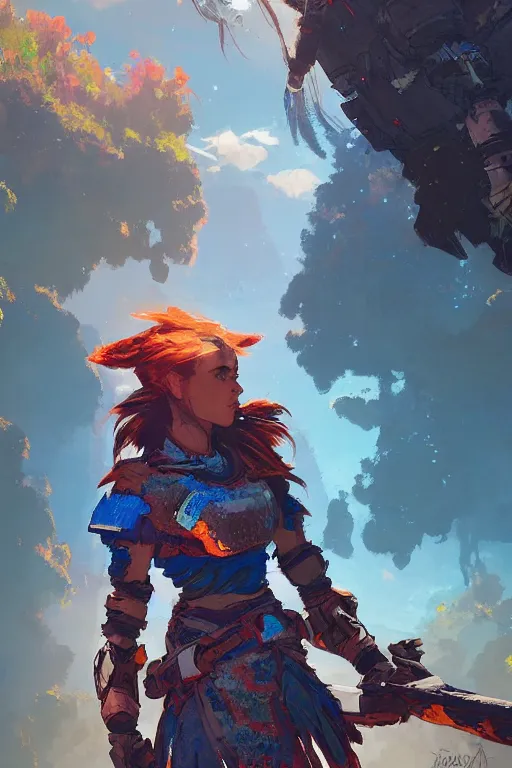 Image similar to combination suit armor aloy horizon forbidden west horizon zero dawn radiating a glowing aura global illumination ray tracing hdr fanart arstation by ian pesty and alena aenami artworks in 4 k tribal robot ninja mask helmet backpack