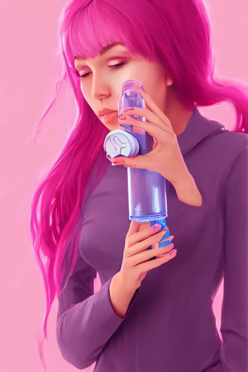 Prompt: Beautiful, Cute Woman Breathing Through a Handheld Pink Vapor Inhaler, side view, fantasy, magic, ultra detailed, digital art, trending on artstation, illustration