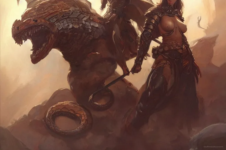 Image similar to A beautiful oil painting of a pretty girl in armor of snakes, by Lucas Graciano, Frank Frazetta, Greg Rutkowski, Boris Vallejo, epic, fantasy, character art, high fantasy