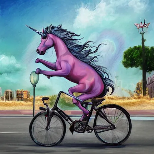 Image similar to one unicorn riding a bike in the tel aviv streets, vivid, digital art, artstation, 8 k