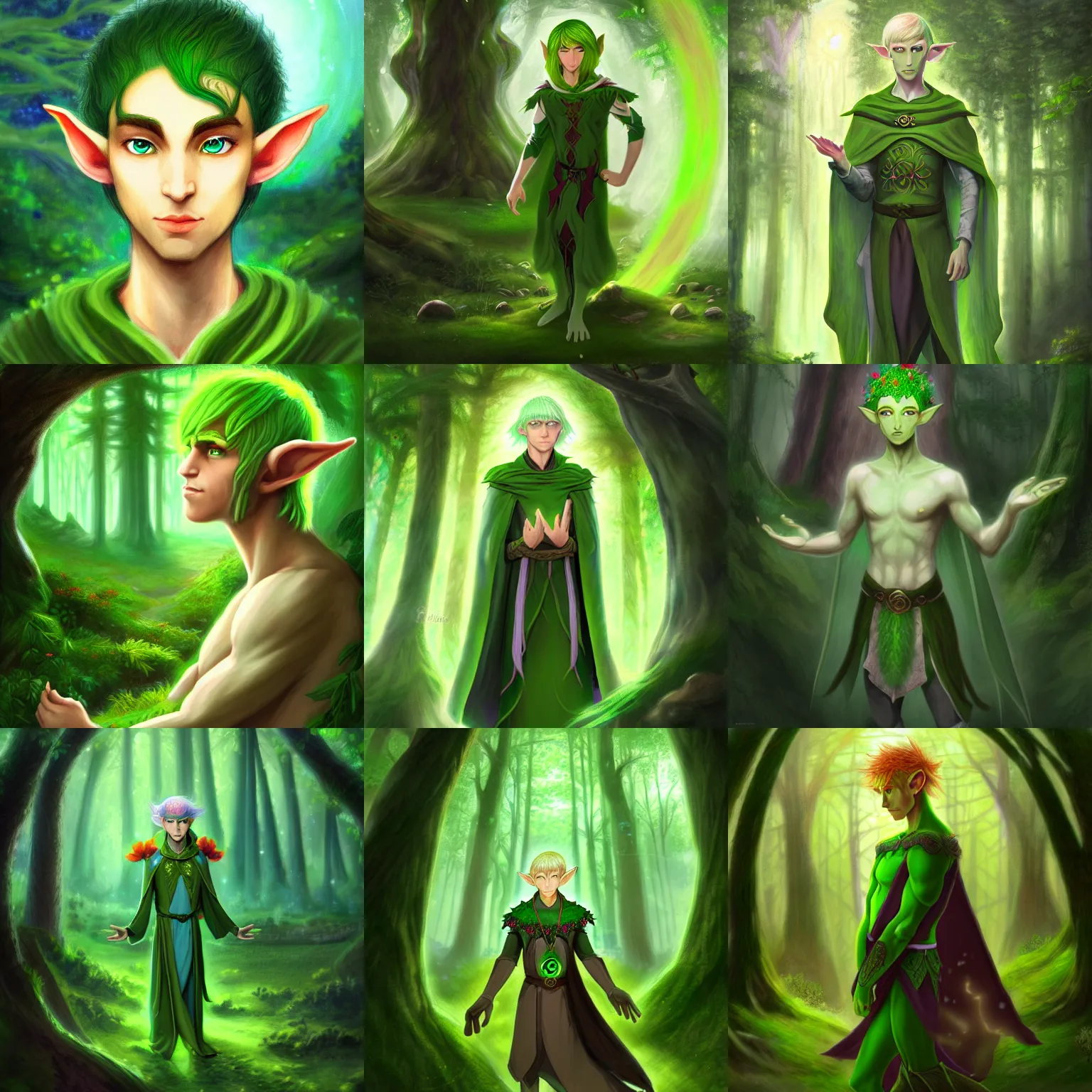 Prompt: A green skinned male elf with flower hair, young noble, scholar, clad in robes, curious, forwards facing, centered, fantasy concept art, beautiful, mystical eyes, magical lighting, mystical, shimmers, nature, oil painting, forest background
