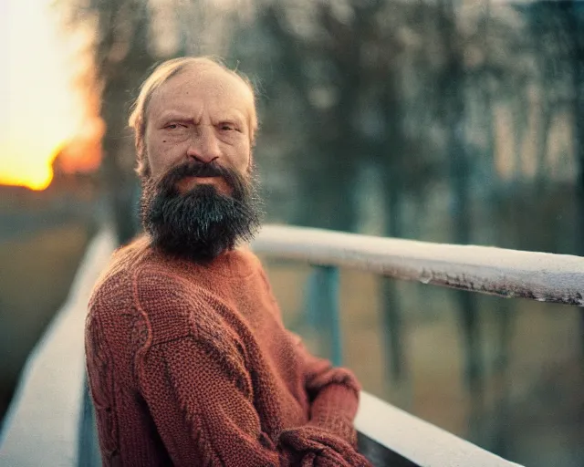 Image similar to lomographic tarkovsky film still of 4 0 years russian man with beard and sweater standing on small hrushevka 9 th floor balcony in taiga looking at sunset, perfect faces, cinestill, bokeh